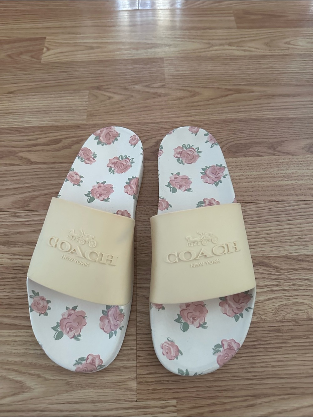 Coach Cream Slide Sandals with Pink Rose Print